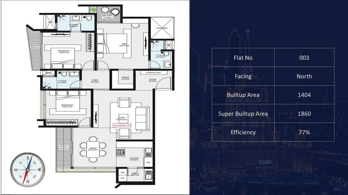 Floor plan of 3 BHK 1860 Sq. Ft. Apartment in Royal Song Of Wind, Bangalore