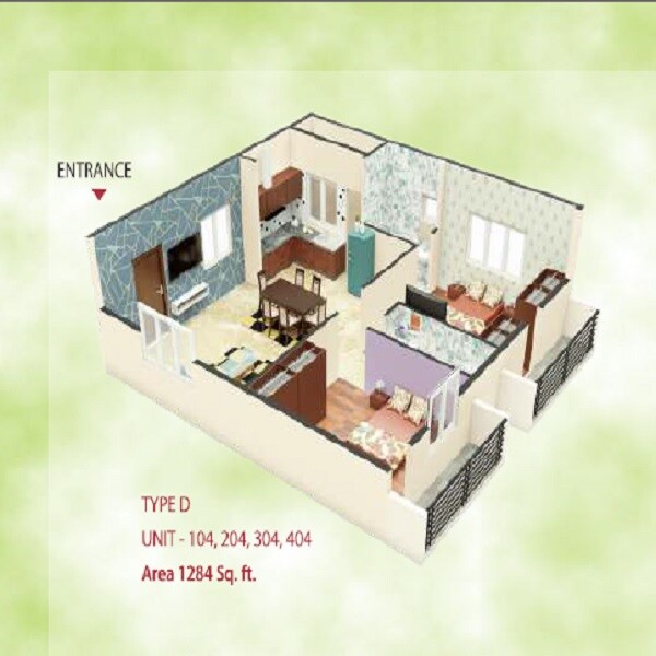 Floor plan of 3 BHK 1284 Sq. Ft. Apartment in Royal Vistara, Bangalore