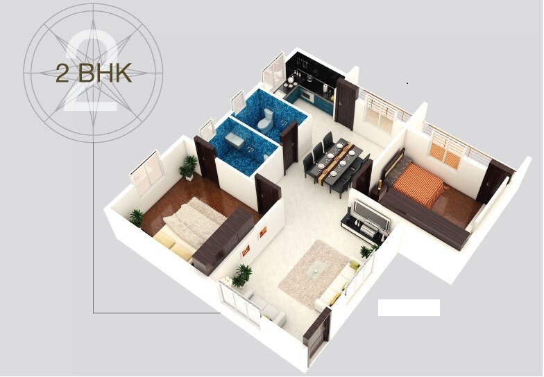 Floor plan of 2 BHK 1080 Sq. Ft. Apartment in Royale Royal Elite, Bangalore