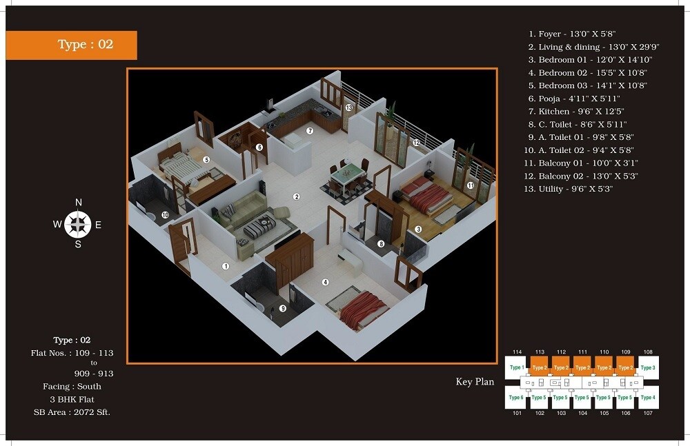 Floor plan of 3 BHK 2072 Sq. Ft. Apartment in RR Roshan Platinum, Bangalore