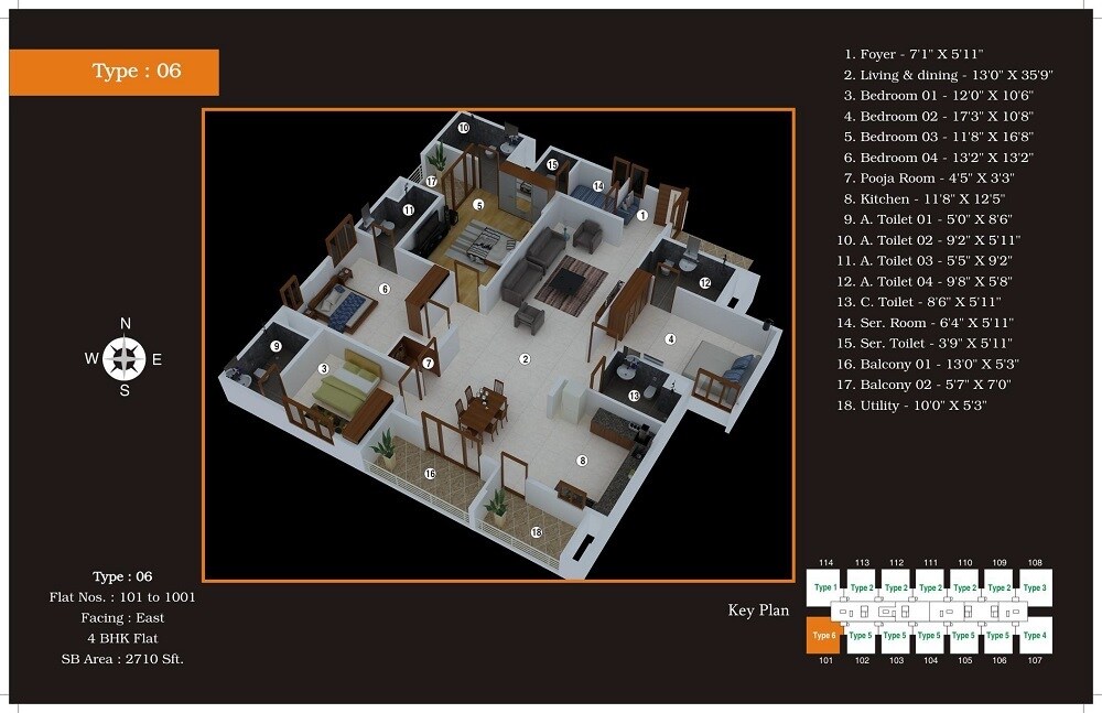 Floor plan of 4 BHK 2710 Sq. Ft. Apartment in RR Roshan Platinum, Bangalore
