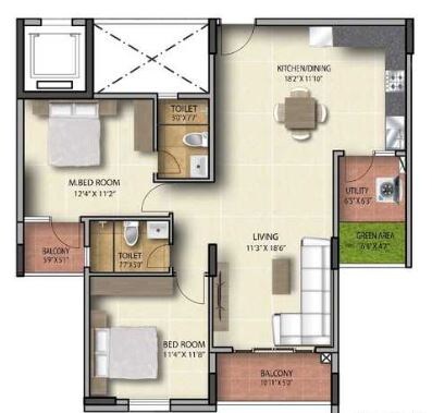 Floor plan of 2 BHK 1275 Sq. Ft. Apartment in RR Signature Bangalore, Bangalore