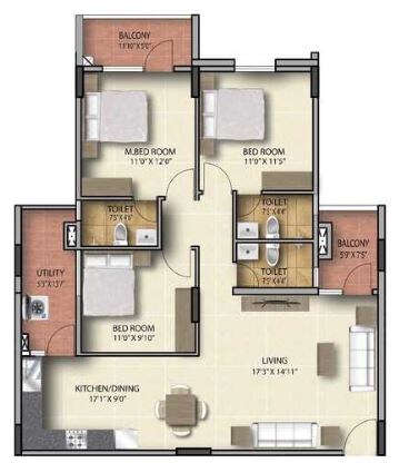 Floor plan of 3 BHK 2177 Sq. Ft. Apartment in RR Signature Bangalore, Bangalore