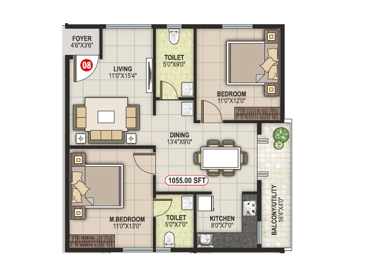 Floor plan of 2 BHK 1055 Sq. Ft. Apartment in RR White Lotus, Bangalore