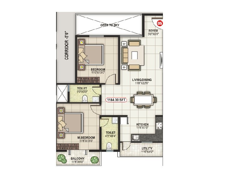 Floor plan of 2 BHK 1184 Sq. Ft. Apartment in RR White Lotus, Bangalore