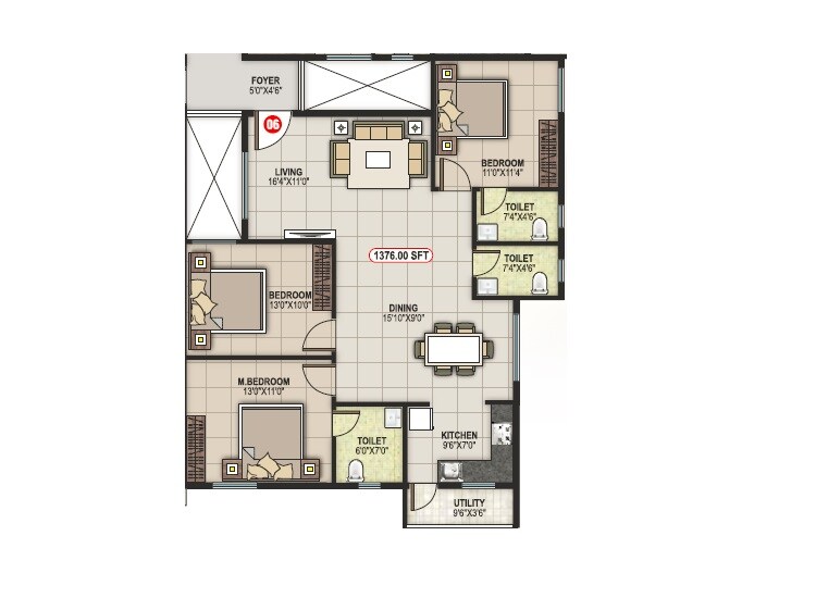 Floor plan of 3 BHK 1376 Sq. Ft. Apartment in RR White Lotus, Bangalore