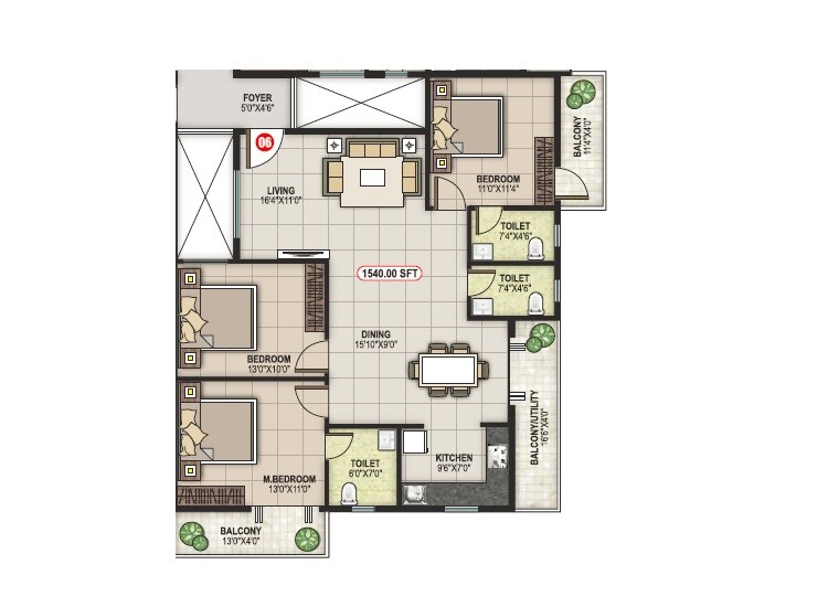 Floor plan of 3 BHK 1540 Sq. Ft. Apartment in RR White Lotus, Bangalore