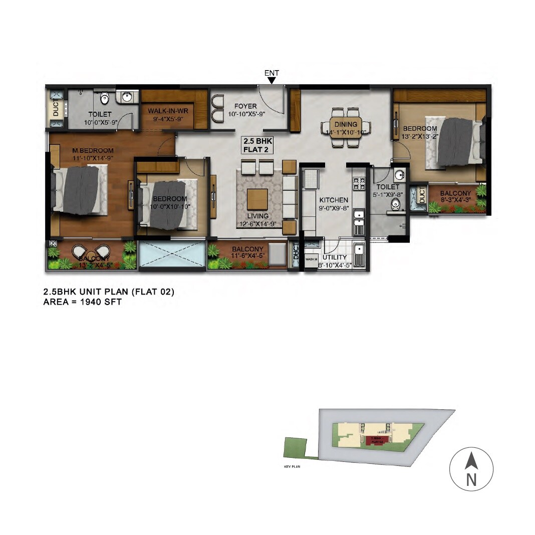 Floor plan of 2 BHK 1940 Sq. Ft. Apartment in RRBC Manikchand 117 FF, Bangalore