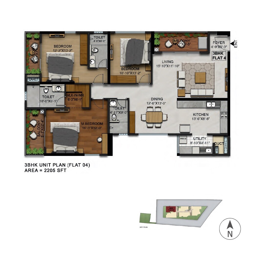 Floor plan of 3 BHK 2205 Sq. Ft. Apartment in RRBC Manikchand 117 FF, Bangalore