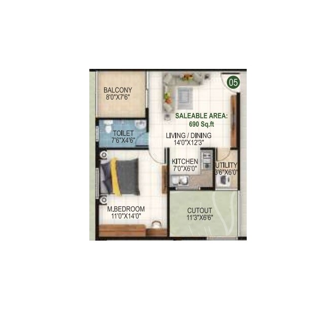 1 BHK 690 Sq. Ft. Apartment