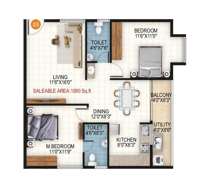 Floor plan of 2 BHK 1080 Sq. Ft. Apartment in RRL Palacio, Bangalore