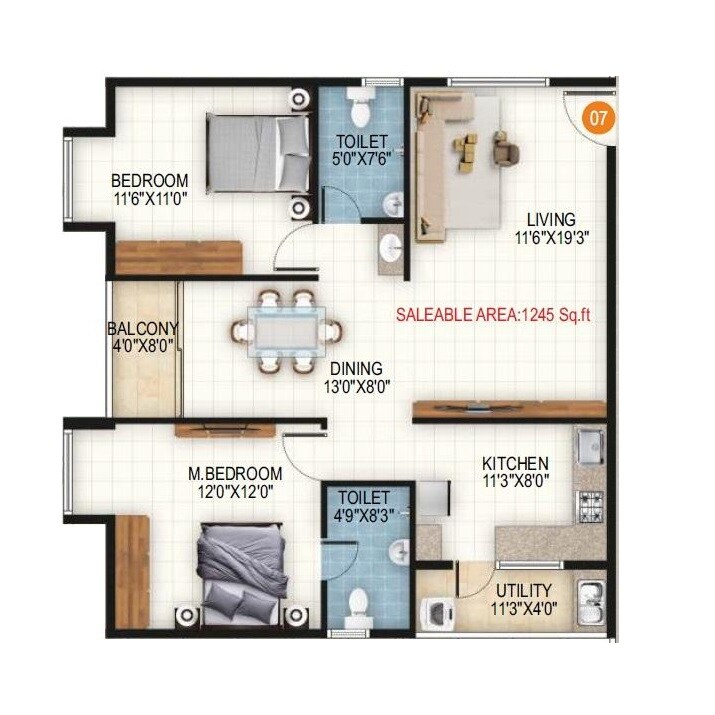 Floor plan of 2 BHK 1245 Sq. Ft. Apartment in RRL Palacio, Bangalore
