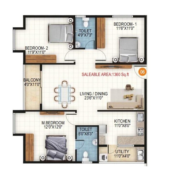Floor plan of 3 BHK 1360 Sq. Ft. Apartment in RRL Palacio, Bangalore