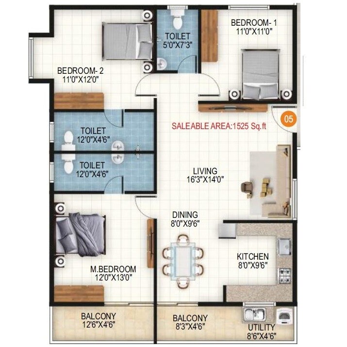 Floor plan of 3 BHK 1525 Sq. Ft. Apartment in RRL Palacio, Bangalore