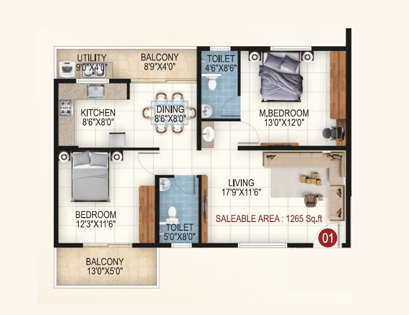 Floor plan of 2 BHK 1265 Sq. Ft. Apartment in RRL Palm Altezze, Bangalore
