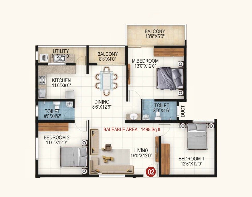 Floor plan of 3 BHK 1495 Sq. Ft. Apartment in RRL Palm Altezze, Bangalore