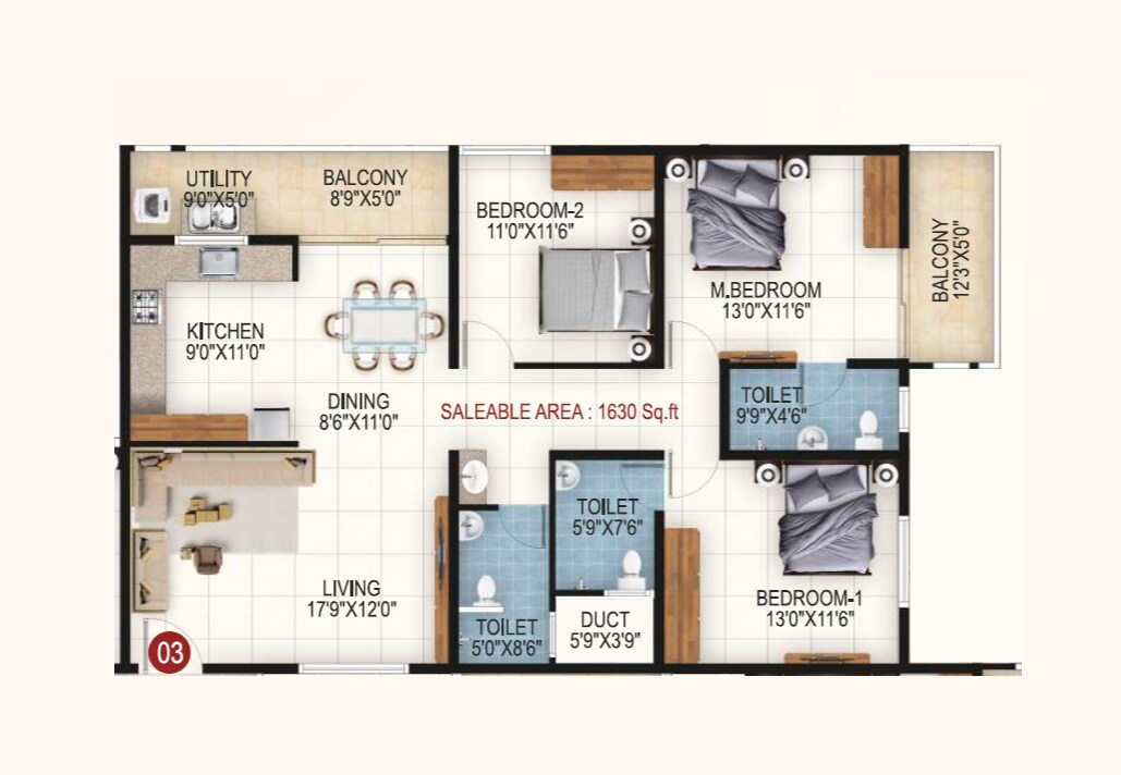 Floor plan of 3 BHK 1630 Sq. Ft. Apartment in RRL Palm Altezze, Bangalore