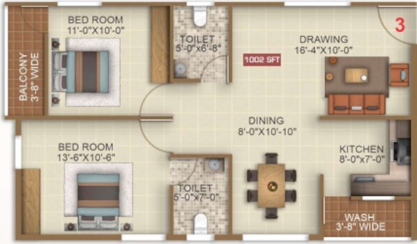 Floor plan of 2 BHK 1002 Sq. Ft. Apartment in RRR Royal Rich, Bangalore