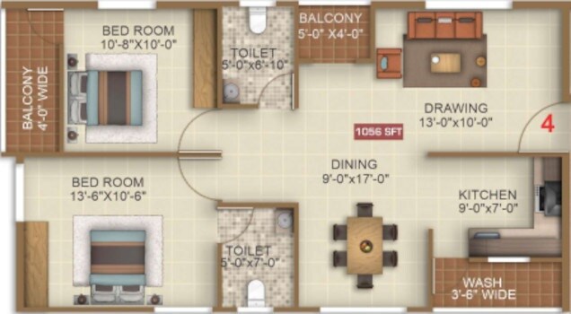 Floor plan of 2 BHK 1056 Sq. Ft. Apartment in RRR Royal Rich, Bangalore