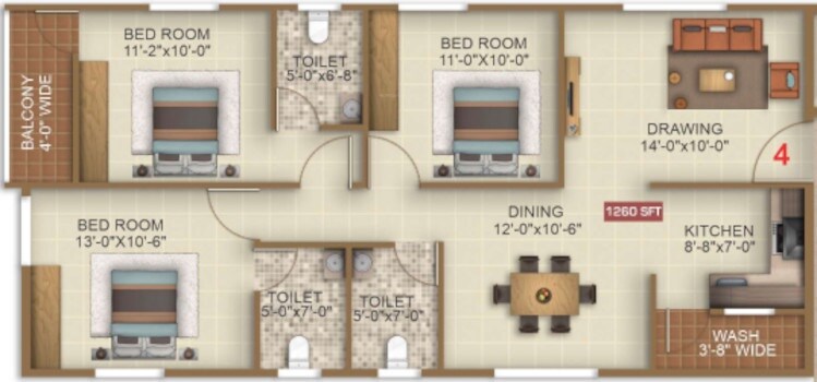 Floor plan of 3 BHK 1260 Sq. Ft. Apartment in RRR Royal Rich, Bangalore