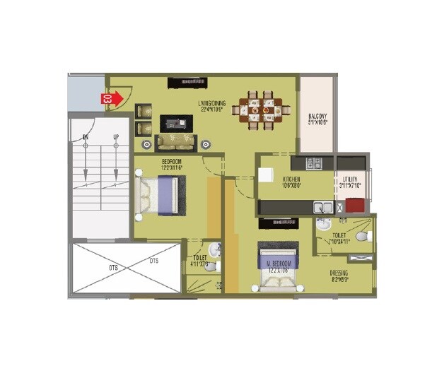 Floor plan of 2 BHK 1118 Sq. Ft. Apartment in RS Sanchike, Bangalore