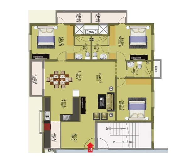 Floor plan of 3 BHK 1670 Sq. Ft. Apartment in RS Sanchike, Bangalore