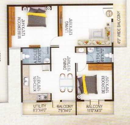 Floor plan of 2 BHK 1075 Sq. Ft. Apartment in RT JJ Enclave, Bangalore