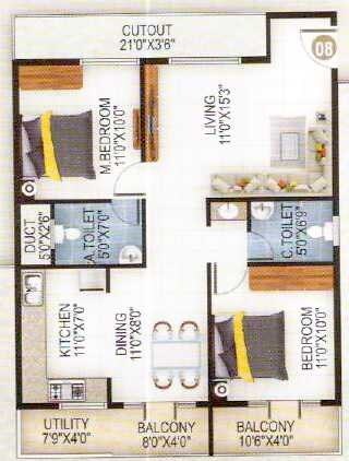 Floor plan of 2 BHK 1195 Sq. Ft. Apartment in RT JJ Enclave, Bangalore