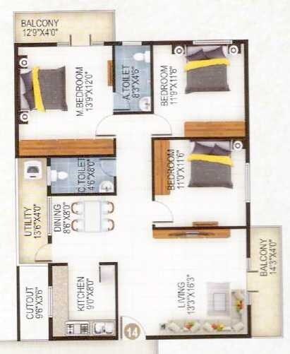Floor plan of 3 BHK 1235 Sq. Ft. Apartment in RT JJ Enclave, Bangalore