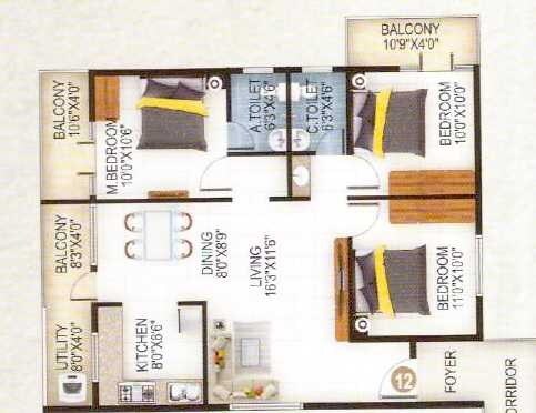 Floor plan of 3 BHK 1430 Sq. Ft. Apartment in RT JJ Enclave, Bangalore