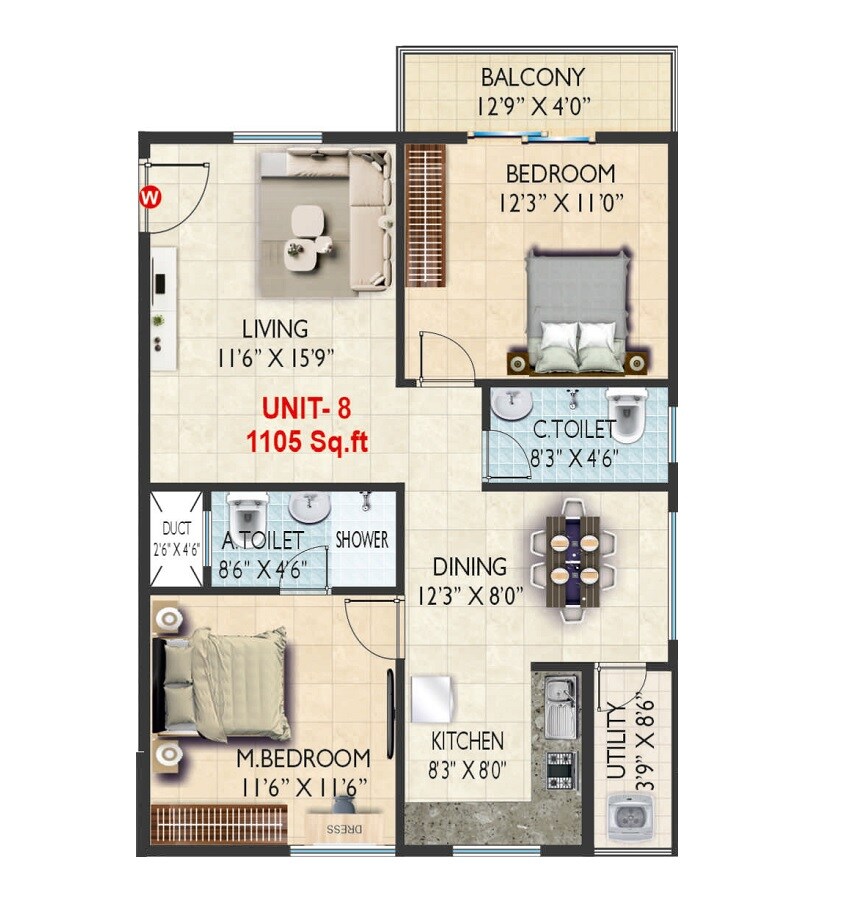 Floor plan of 2 BHK 1105 Sq. Ft. Apartment in RT Ragam Melodies, Bangalore