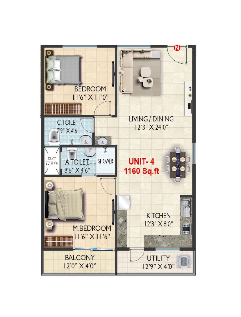 Floor plan of 2 BHK 1160 Sq. Ft. Apartment in RT Ragam Melodies, Bangalore