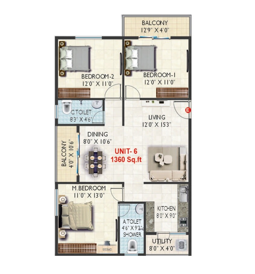 Floor plan of 3 BHK 1360 Sq. Ft. Apartment in RT Ragam Melodies, Bangalore