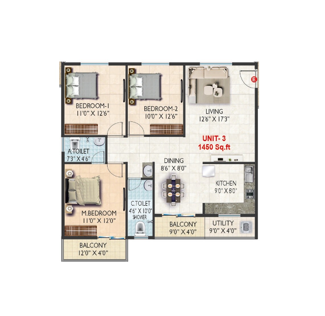 Floor plan of 3 BHK 1450 Sq. Ft. Apartment in RT Ragam Melodies, Bangalore