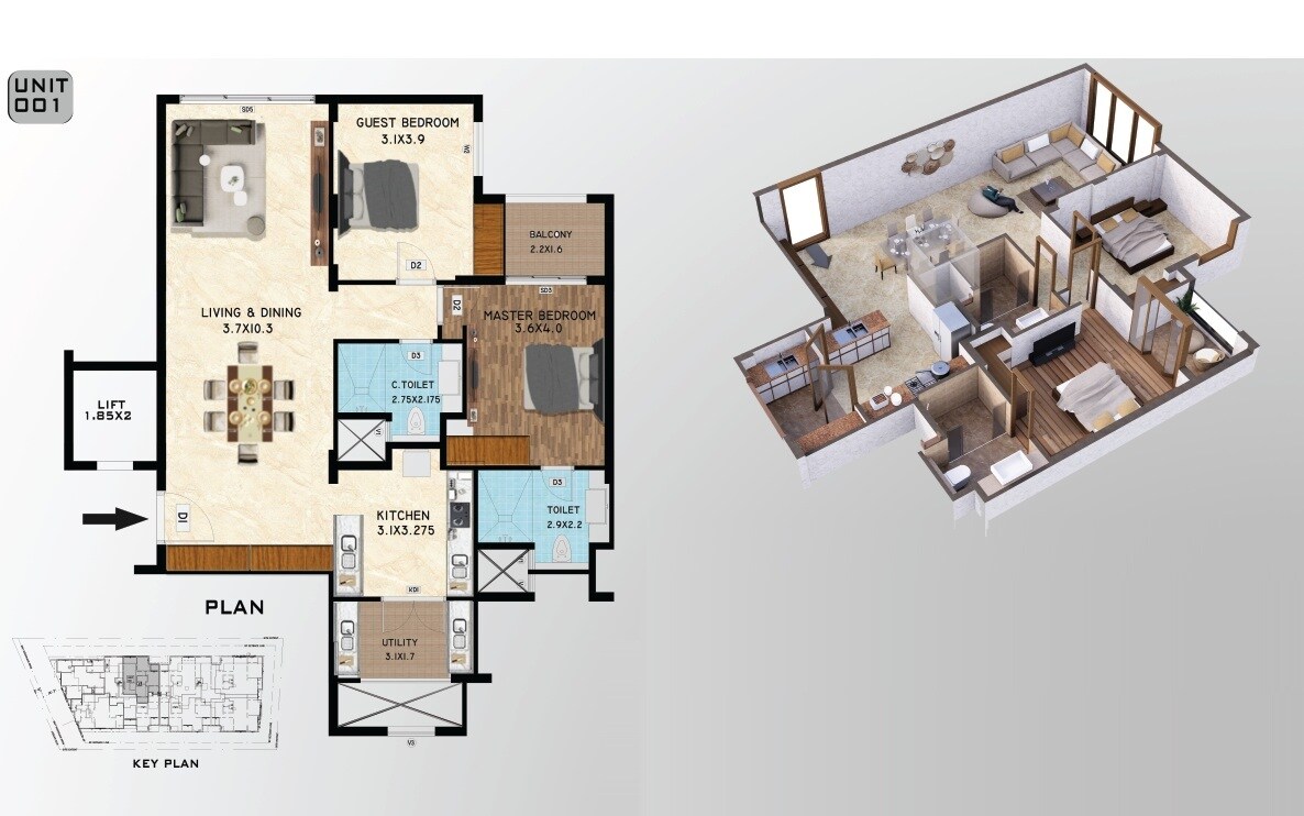 Floor plan of 2 BHK 1091 Sq. Ft. Apartment in Rubby Castle, Bangalore