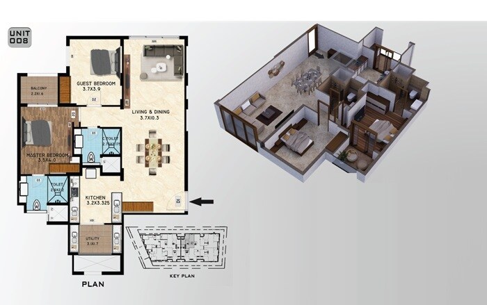 Floor plan of 2 BHK 1265 Sq. Ft. Apartment in Rubby Castle, Bangalore
