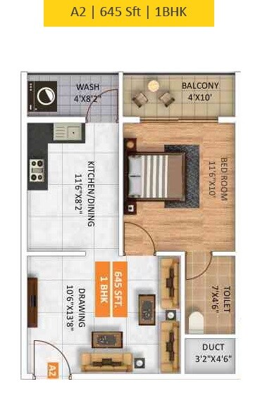 Floor plan of 1 BHK 645 Sq. Ft. Apartment in Ruchika Aarna Homes, Bangalore