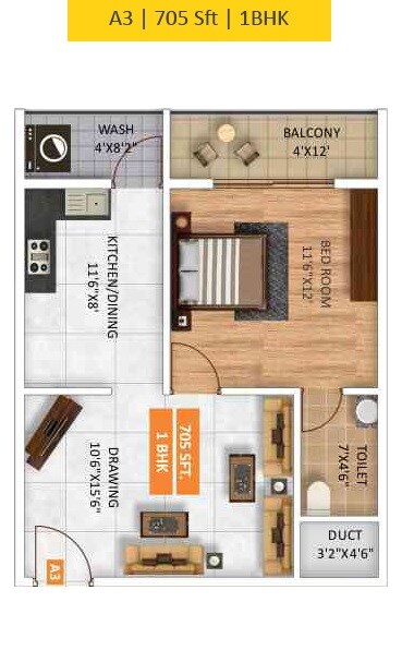 Floor plan of 1 BHK 705 Sq. Ft. Apartment in Ruchika Aarna Homes, Bangalore