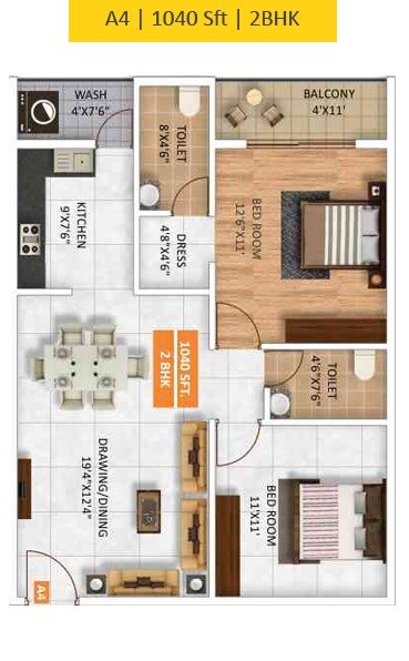 Floor plan of 2 BHK 1040 Sq. Ft. Apartment in Ruchika Aarna Homes, Bangalore