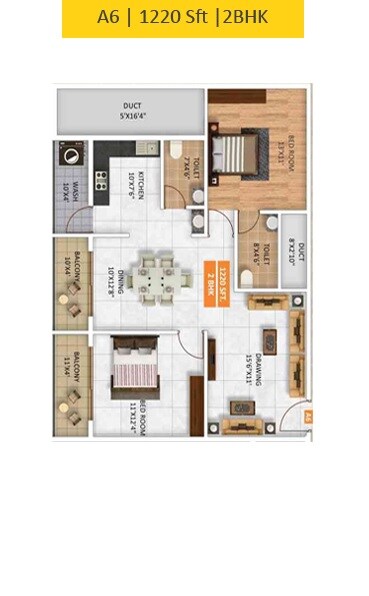 Floor plan of 2 BHK 1220 Sq. Ft. Apartment in Ruchika Aarna Homes, Bangalore
