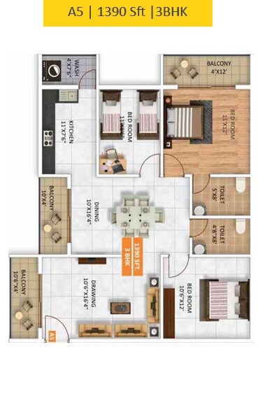 Floor plan of 3 BHK 1390 Sq. Ft. Apartment in Ruchika Aarna Homes, Bangalore