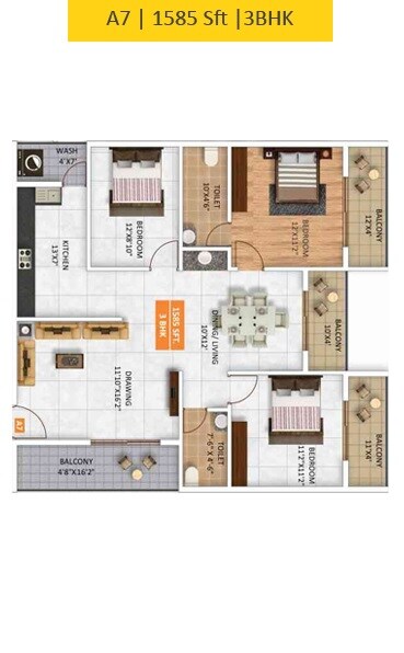 Floor plan of 3 BHK 1585 Sq. Ft. Apartment in Ruchika Aarna Homes, Bangalore