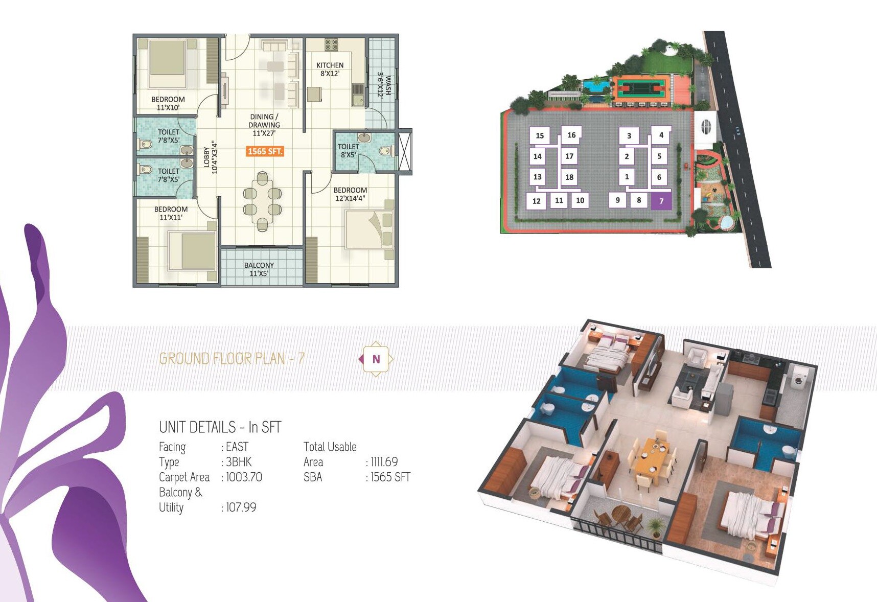 Floor plan of 3 BHK 1565 Sq. Ft. Apartment in Ruchira Iris, Bangalore