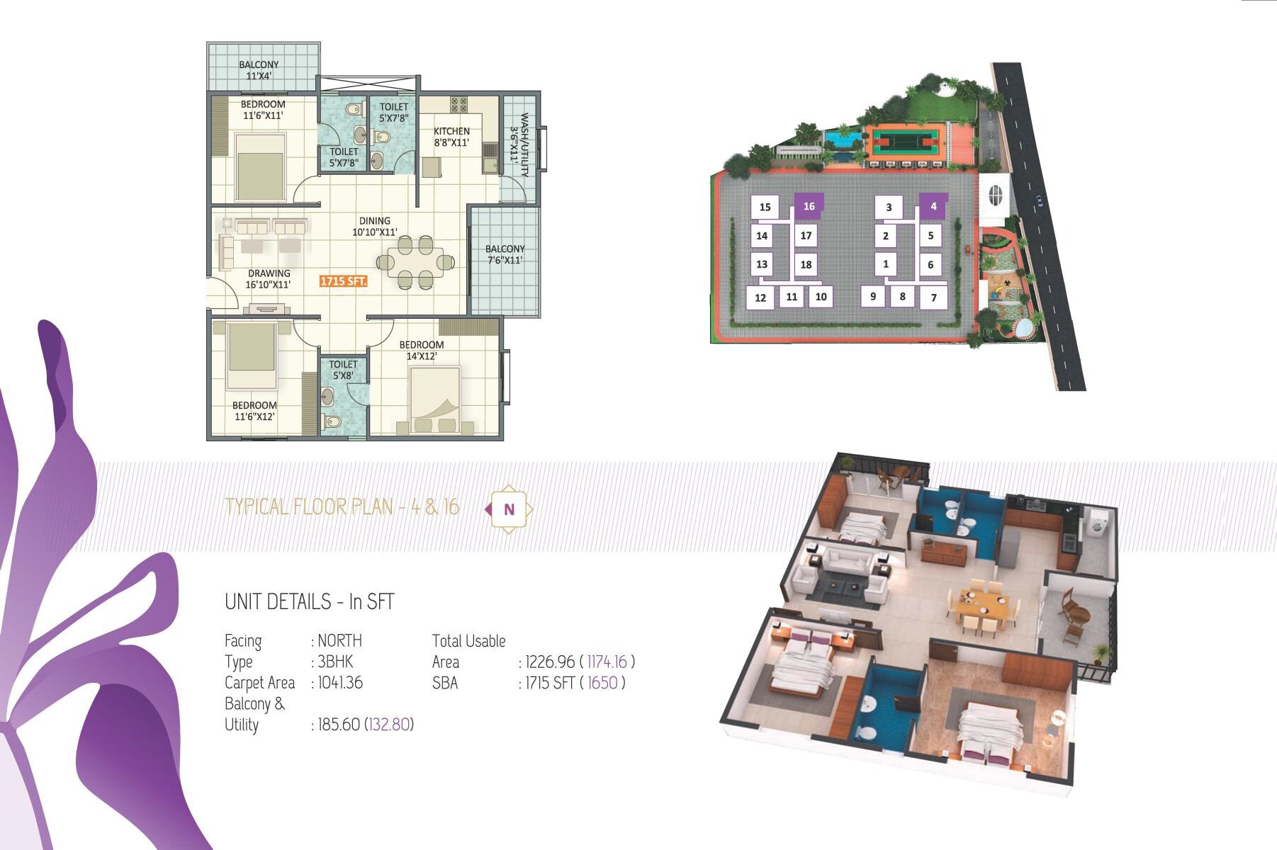 Floor plan of 3 BHK 1715 Sq. Ft. Apartment in Ruchira Iris, Bangalore