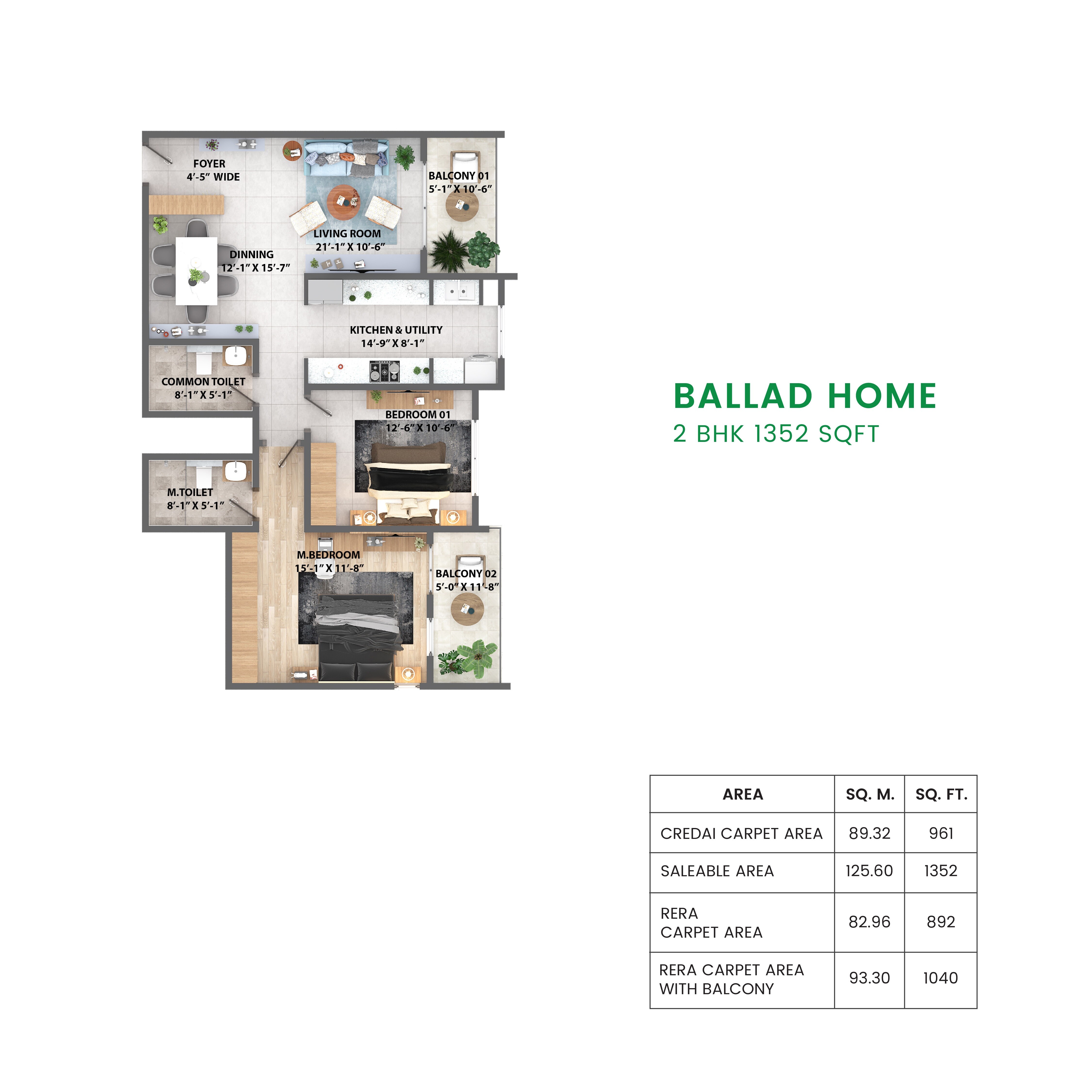 Floor plan of 2 BHK 1352 Sq. Ft. Apartment in Ruchira Park East, Bangalore
