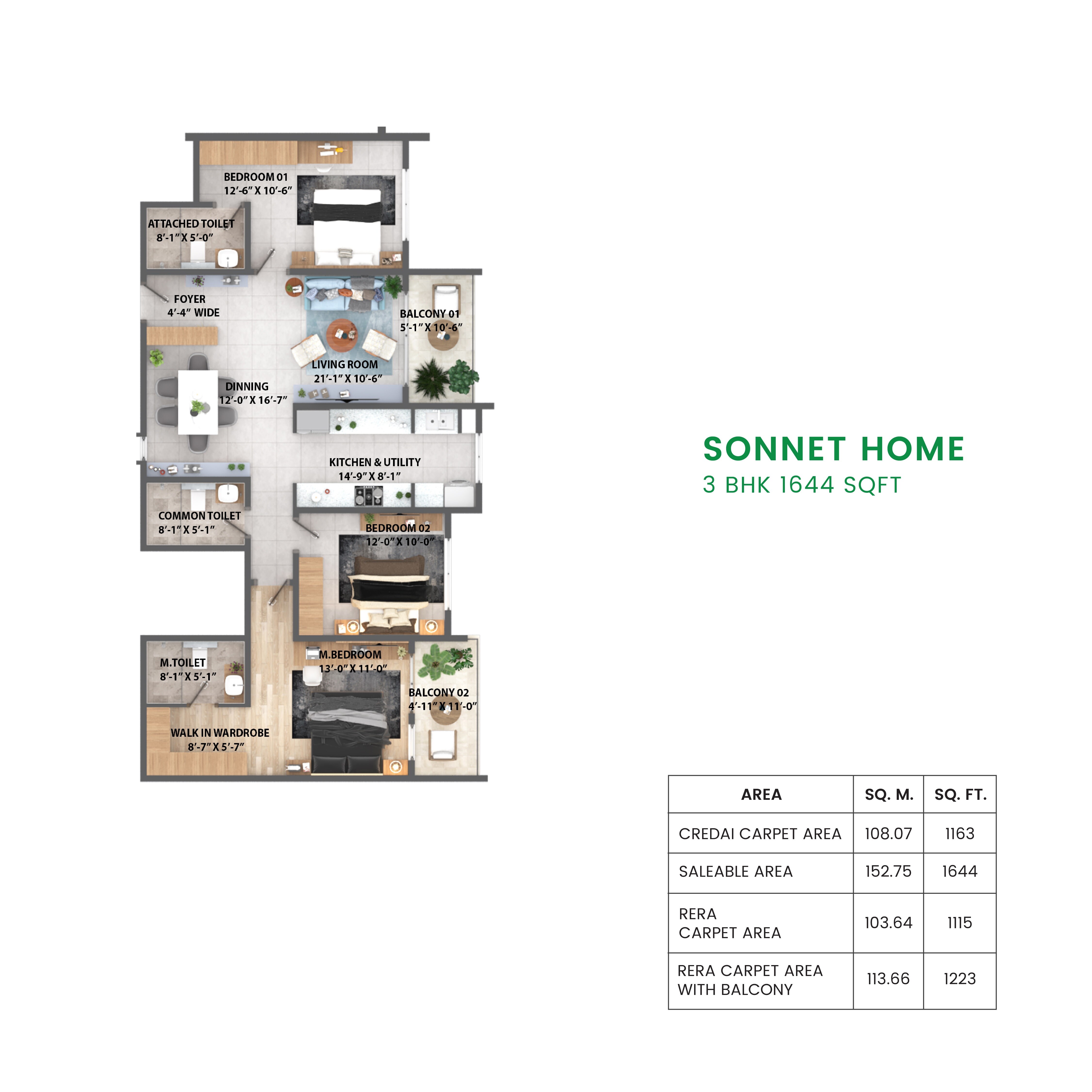 Floor plan of 3 BHK 1644 Sq. Ft. Apartment in Ruchira Park East, Bangalore