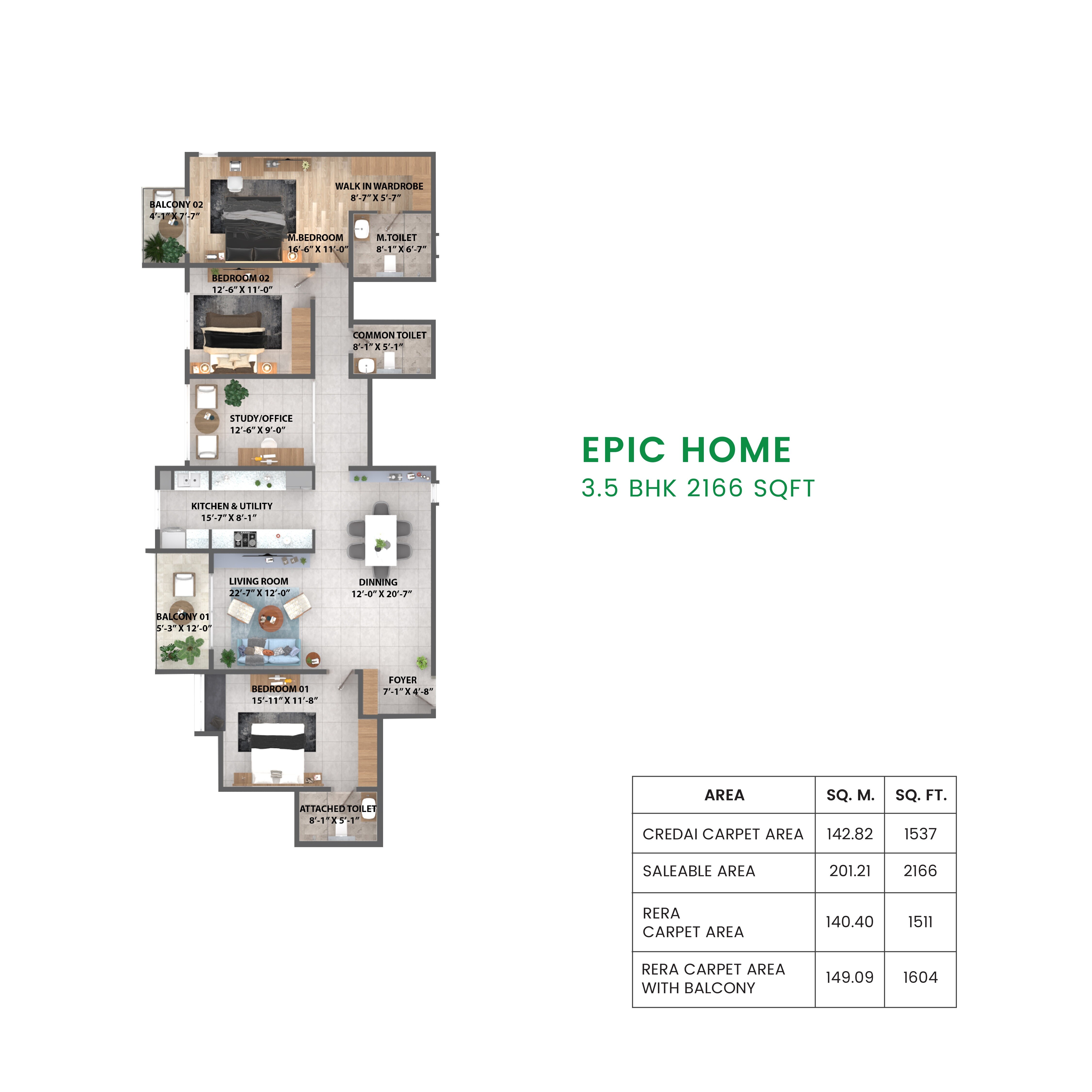 Floor plan of 3 BHK 2166 Sq. Ft. Apartment in Ruchira Park East, Bangalore
