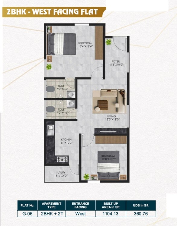 Floor plan of 2 BHK 1104 Sq. Ft. Apartment in RV Fallon, Bangalore