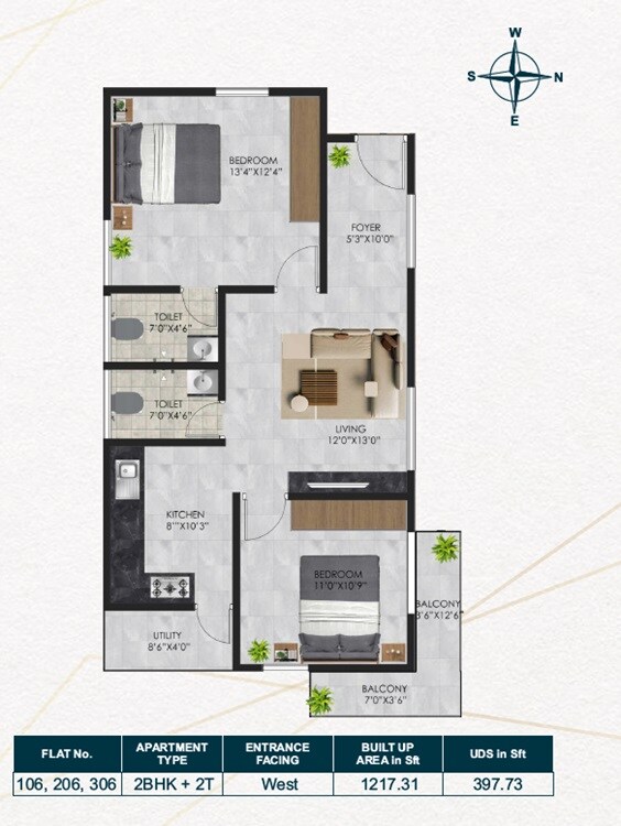Floor plan of 2 BHK 1217 Sq. Ft. Apartment in RV Fallon, Bangalore