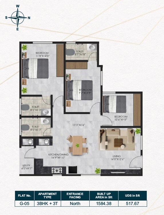 Floor plan of 3 BHK 1584 Sq. Ft. Apartment in RV Fallon, Bangalore